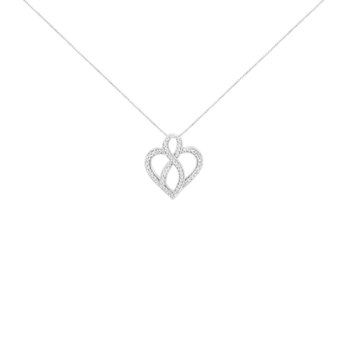 14K White Gold 1/4 cttw Round Cut Diamond Heart and Ribbon Center Pendant Necklace