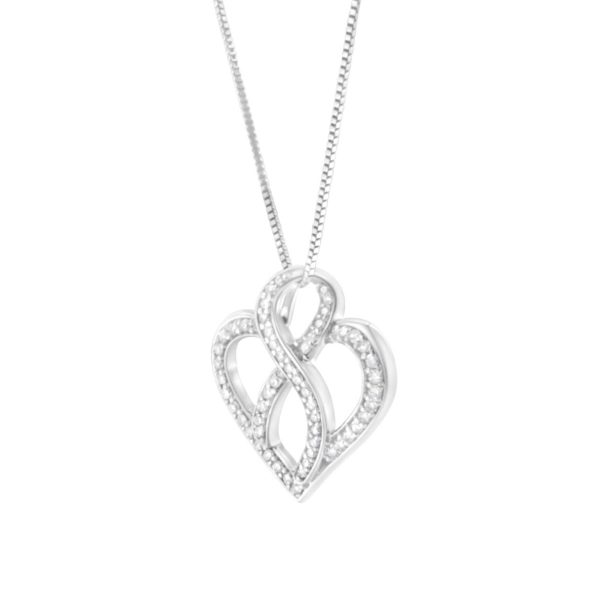 14K White Gold 1/4 cttw Round Cut Diamond Heart and Ribbon Center Pendant Necklace