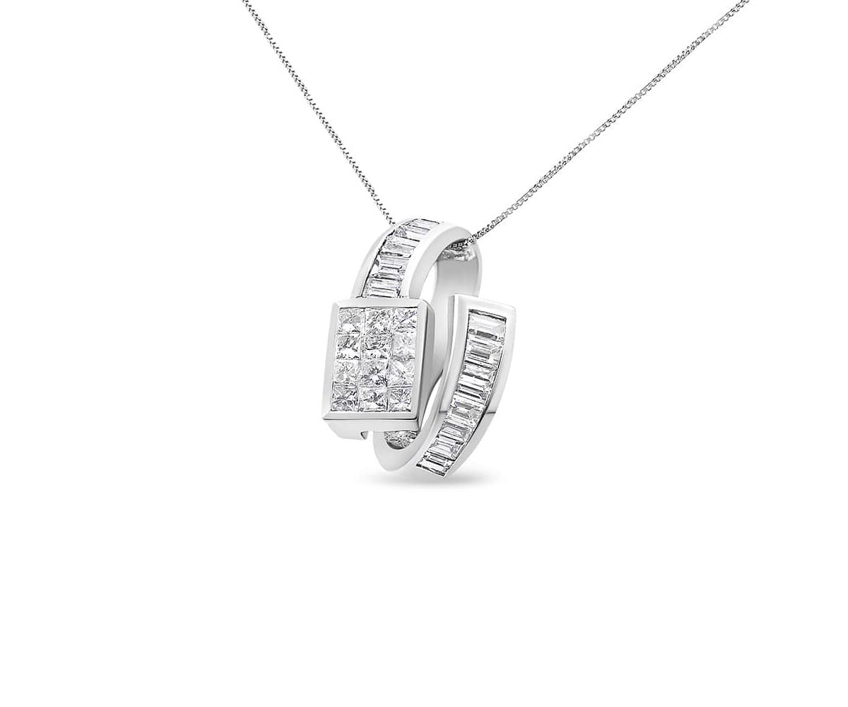 14K White Gold 2 cttw Princess and Baguette Cut Diamond Double Loop Pendant Necklace