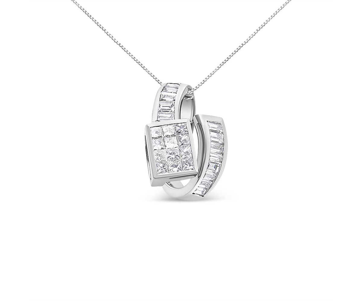 14K White Gold 2 cttw Princess and Baguette Cut Diamond Double Loop Pendant Necklace