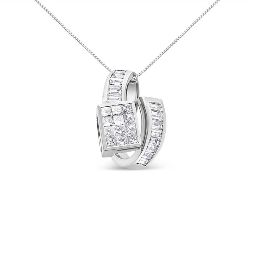 14K White Gold 2 cttw Princess and Baguette Cut Diamond Double Loop Pendant Necklace