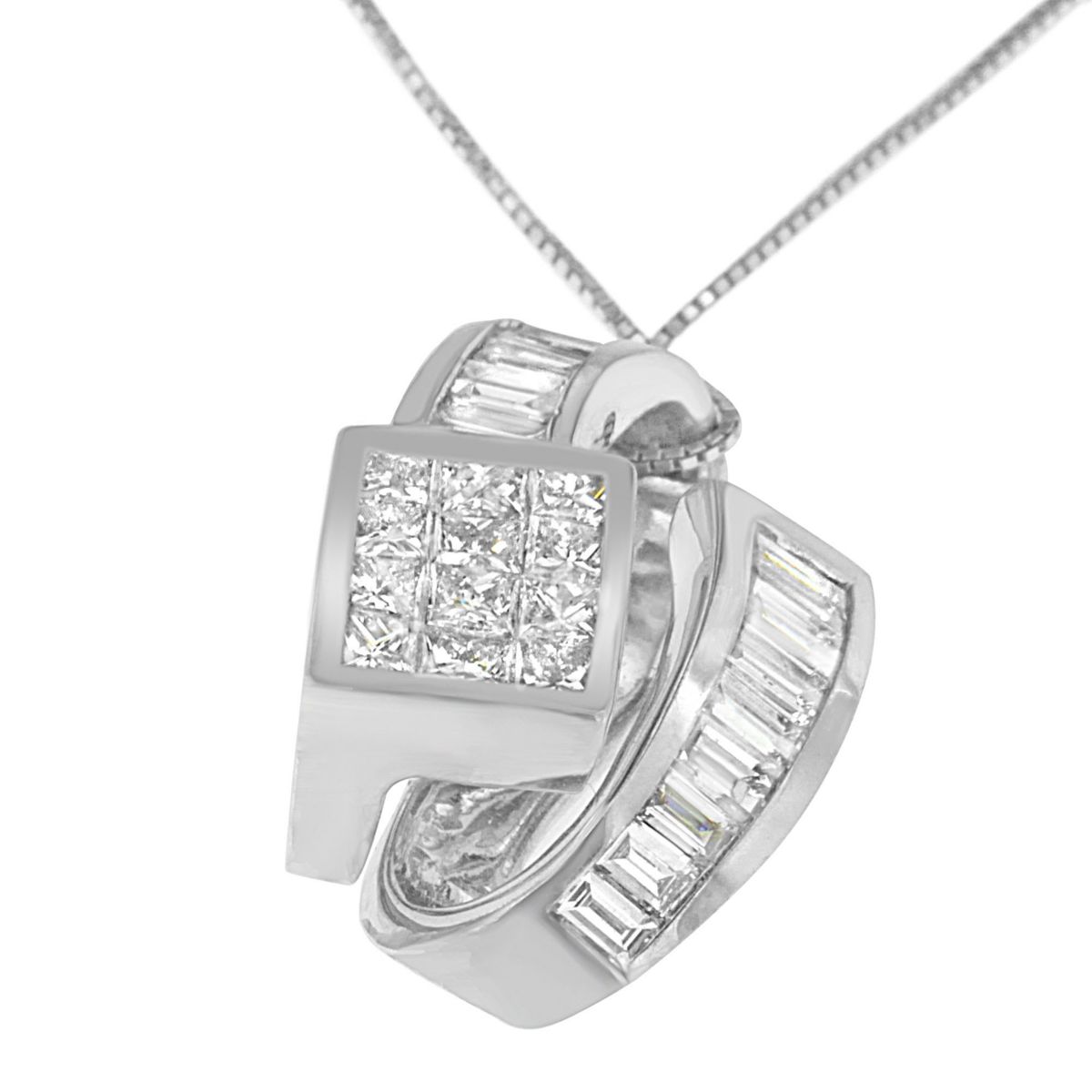 14K White Gold 2 cttw Princess and Baguette Cut Diamond Double Loop Pendant Necklace