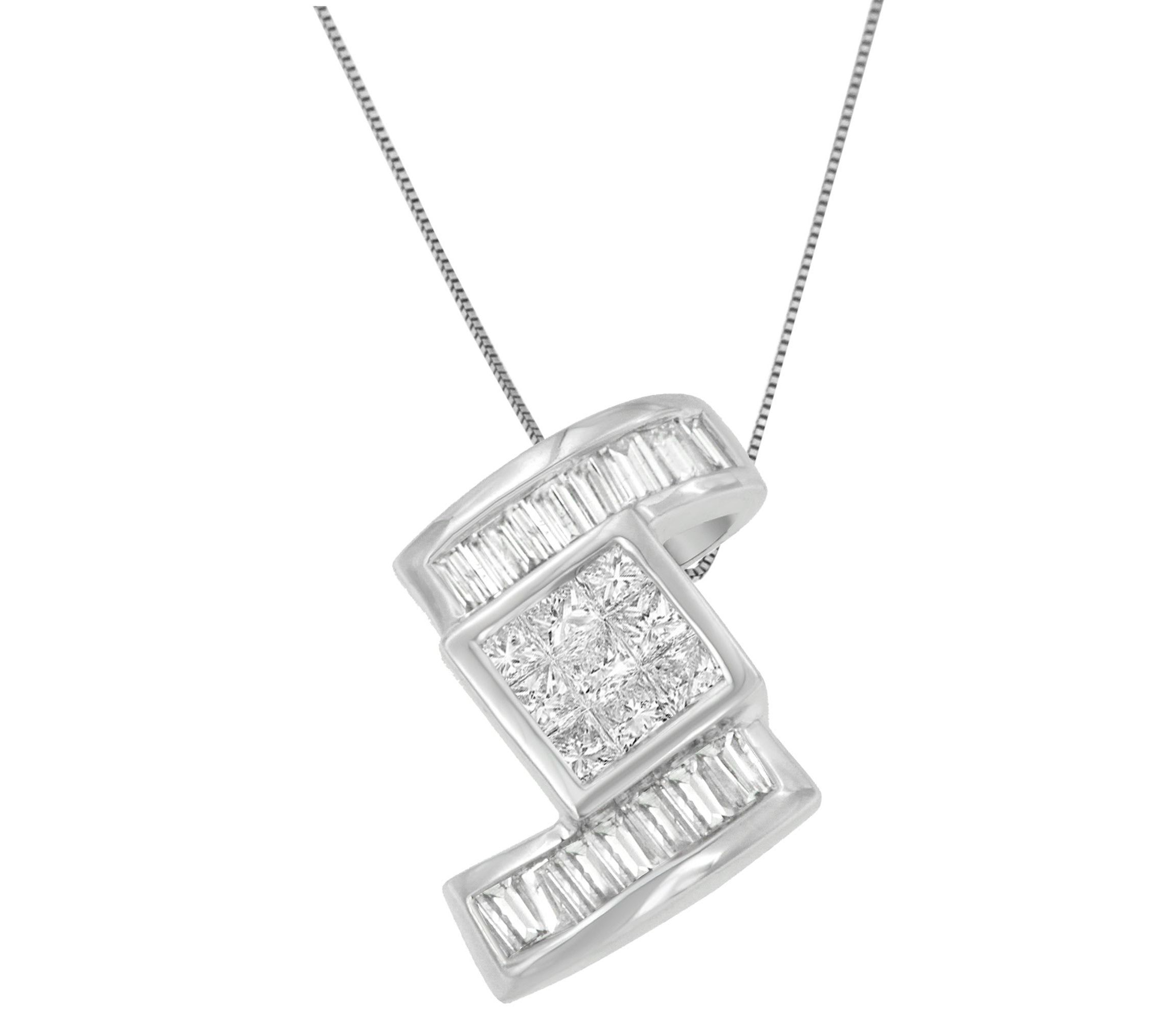 14K White Gold 1 2/5 cttw Princess and Baguette Cut Diamond Zig Zag Pendant Necklace