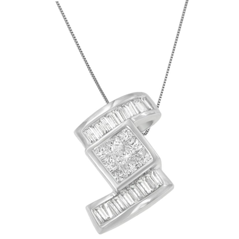 14K White Gold 1 2/5 cttw Princess and Baguette Cut Diamond Zig Zag Pendant Necklace