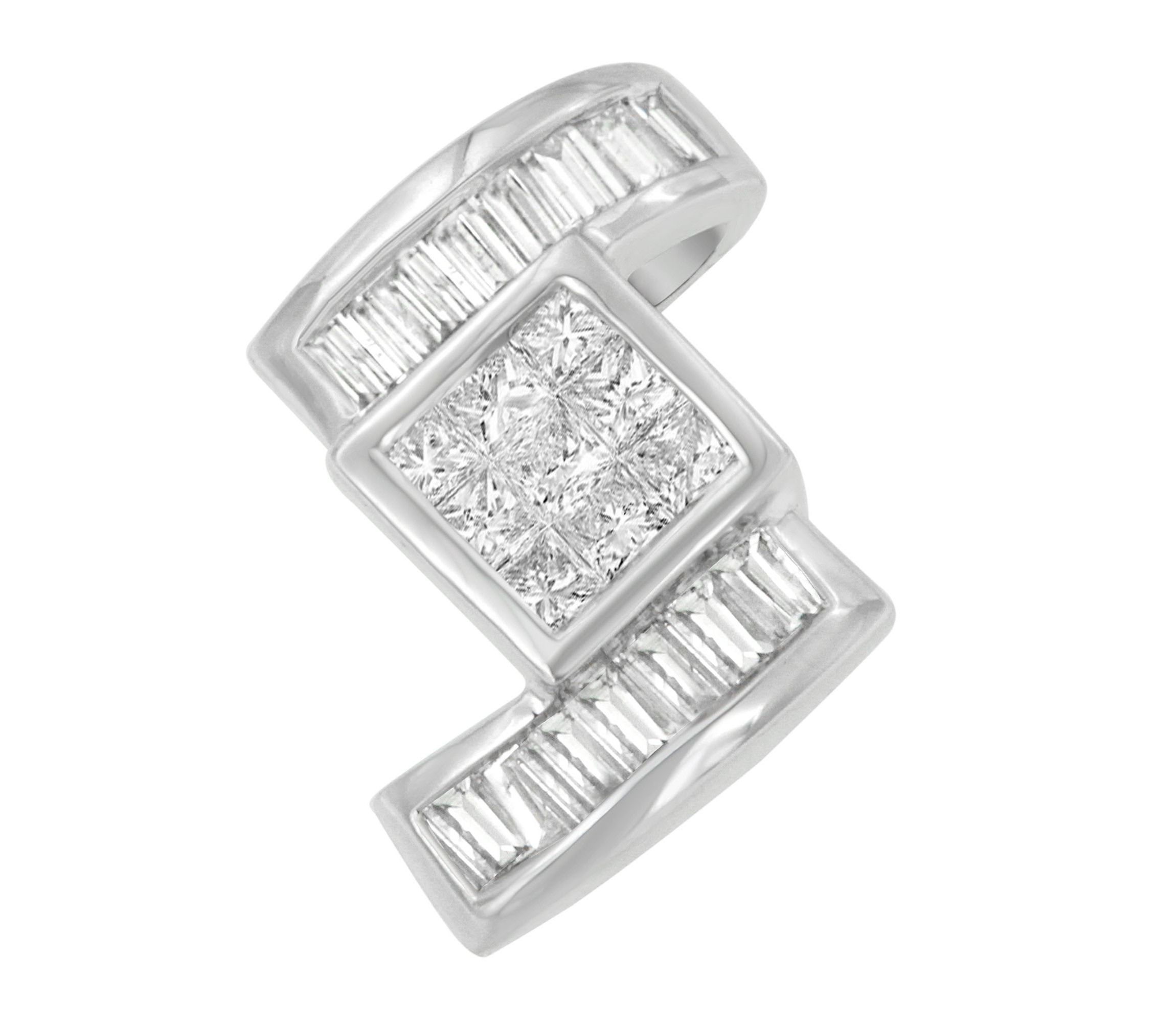 14K White Gold 1 2/5 cttw Princess and Baguette Cut Diamond Zig Zag Pendant Necklace