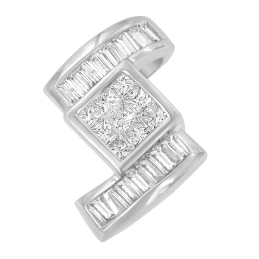14K White Gold 1 2/5 cttw Princess and Baguette Cut Diamond Zig Zag Pendant Necklace