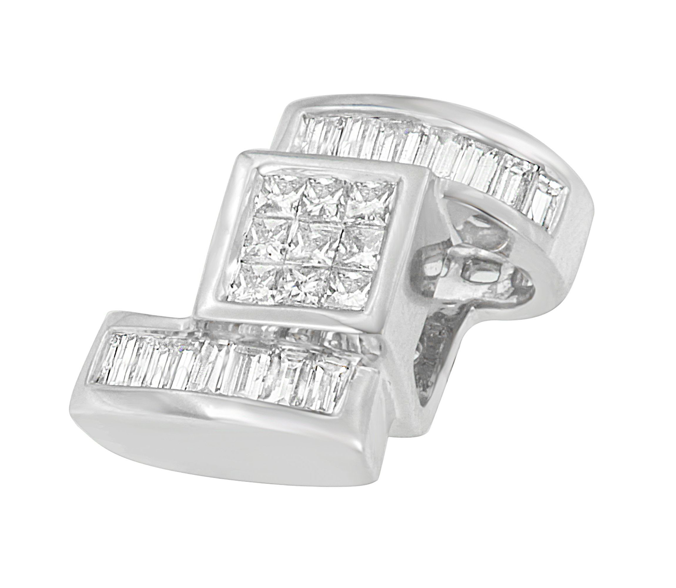 14K White Gold 1 2/5 cttw Princess and Baguette Cut Diamond Zig Zag Pendant Necklace
