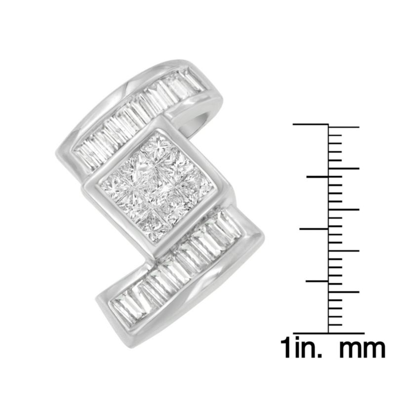 14K White Gold 1 2/5 cttw Princess and Baguette Cut Diamond Zig Zag Pendant Necklace
