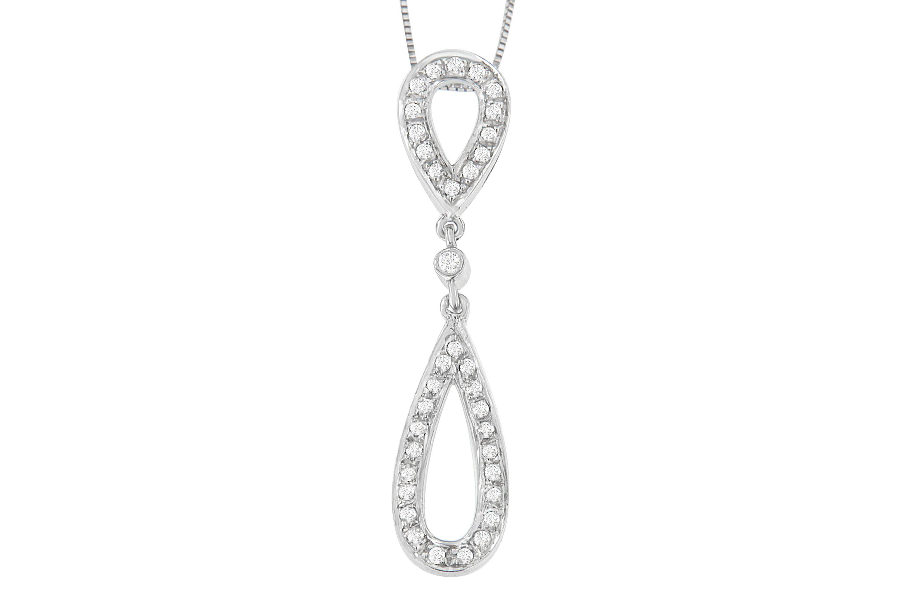 14 White Gold 1/4 cttw Round Cut Diamond Double Tear Drop Pendant Necklace