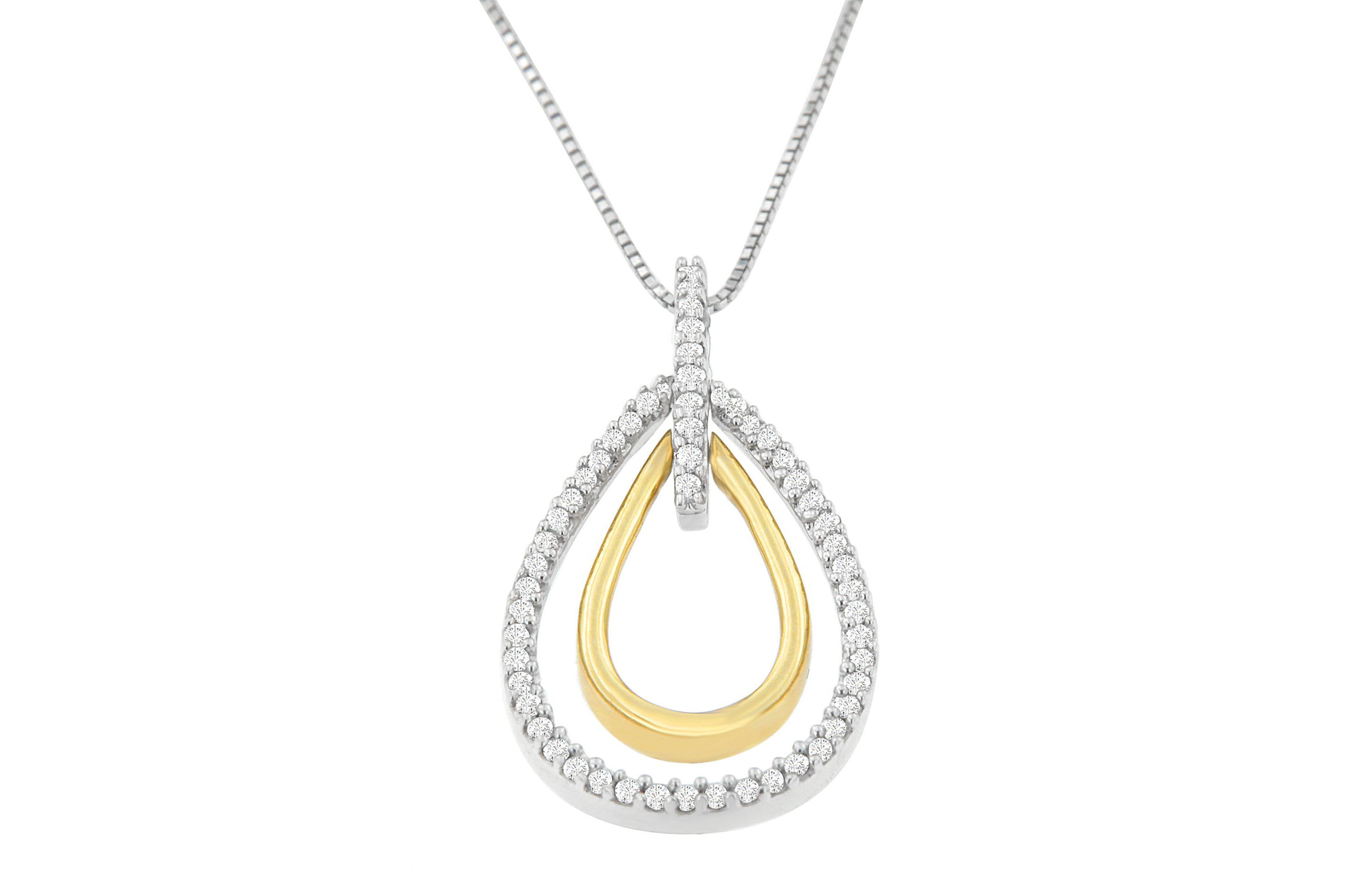 14K Two-Tone Gold Round Cut Diamond Double Burst Pendant Necklace