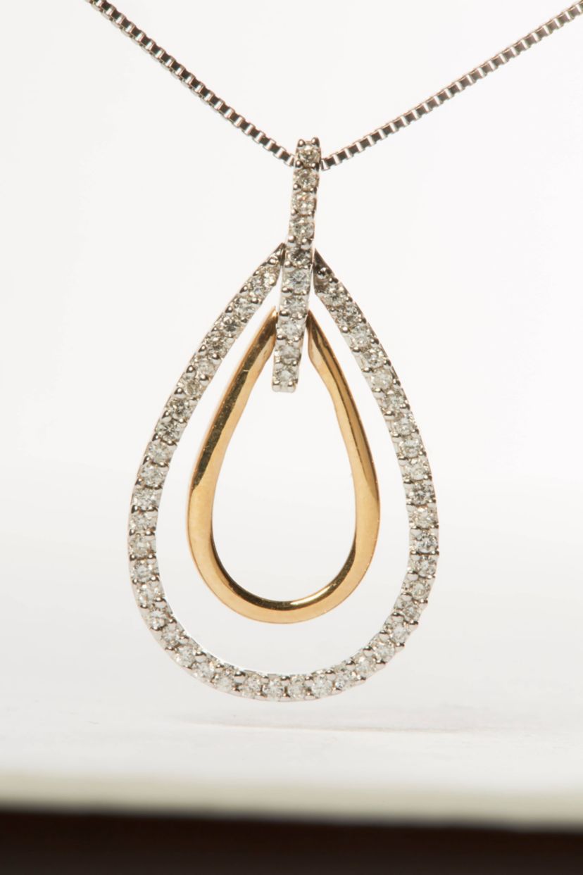 14K Two-Tone Gold Round Cut Diamond Double Burst Pendant Necklace