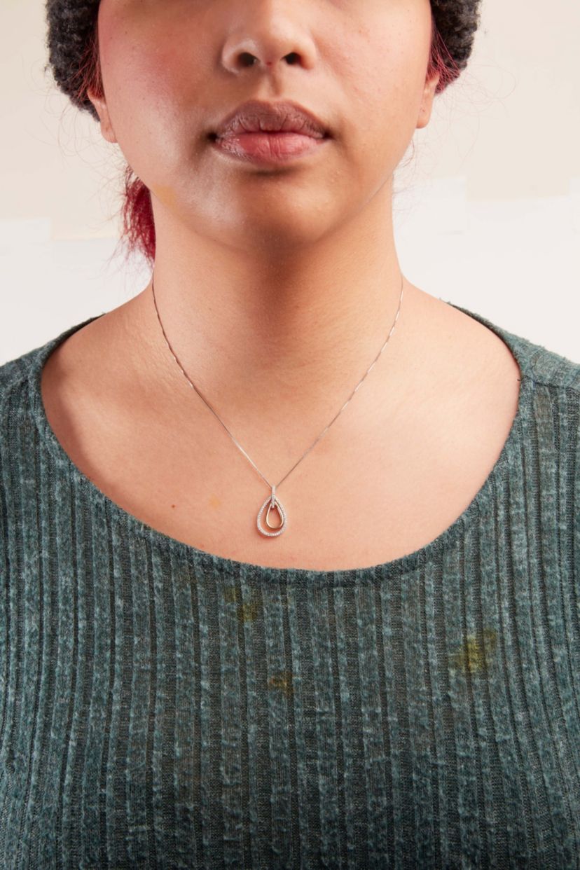 14K Two-Tone Gold Round Cut Diamond Double Burst Pendant Necklace