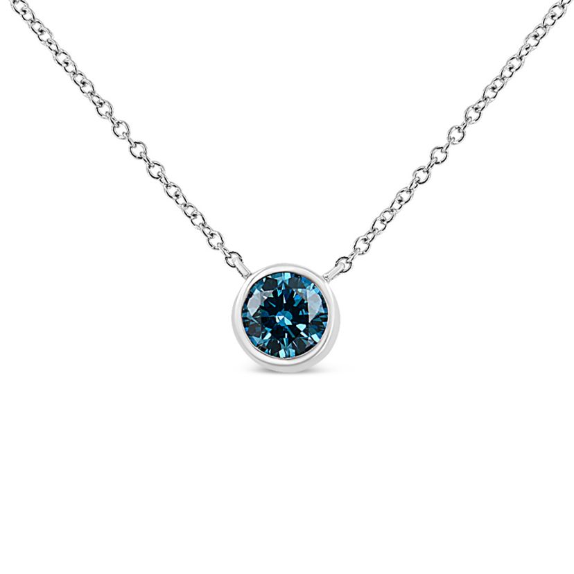 Lab Created 14K White Gold 1/2 Cttw Blue Lab Grown Diamond Bezel- Solitaire Pendant Necklace