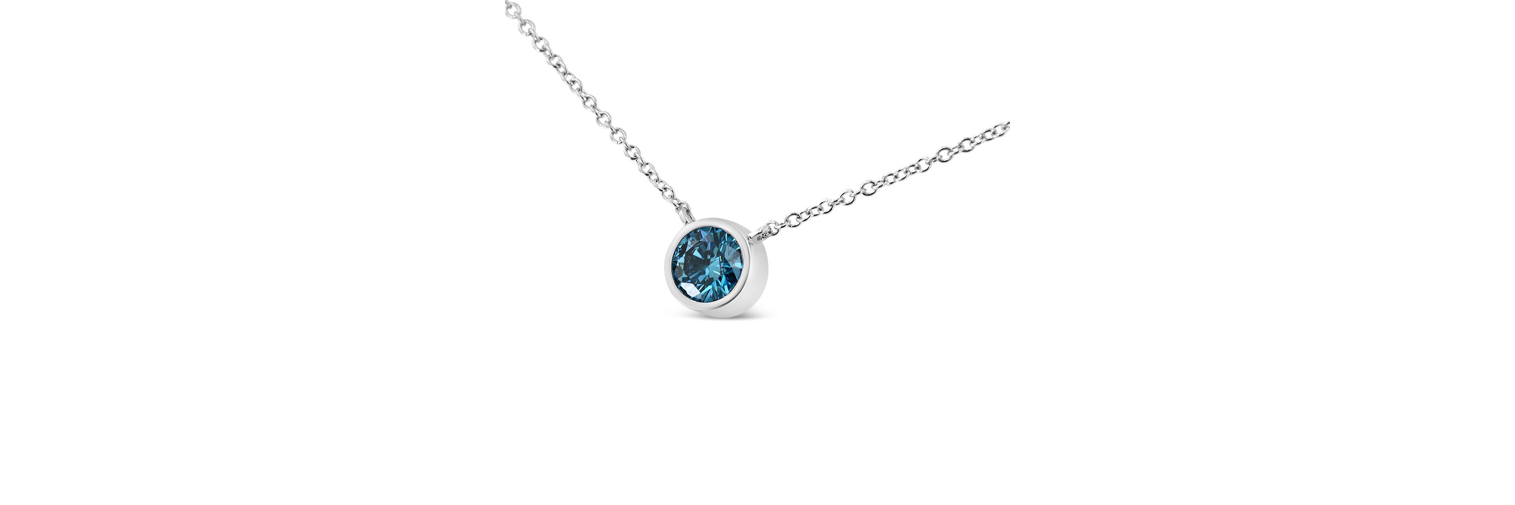 Lab Created 14K White Gold 1/2 Cttw Blue Lab Grown Diamond Bezel- Solitaire Pendant Necklace