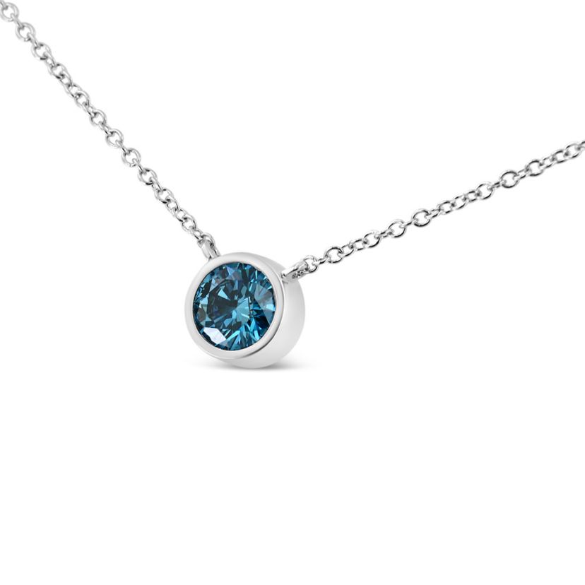 Lab Created 14K White Gold 1/2 Cttw Blue Lab Grown Diamond Bezel- Solitaire Pendant Necklace
