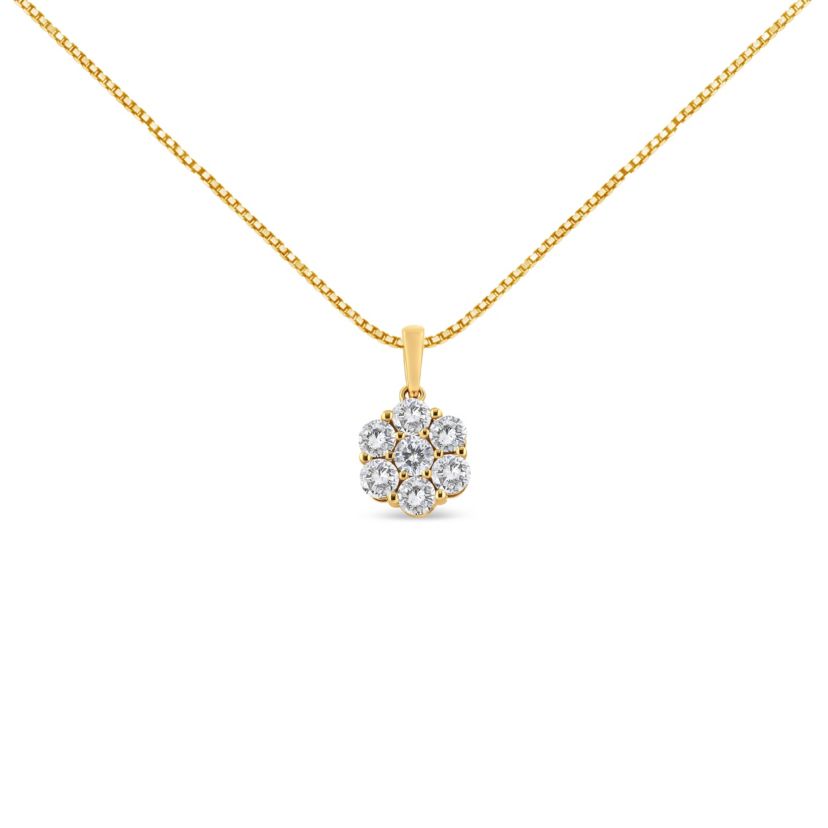 14K Yellow Gold 2.00 Cttw Brilliant Diamond 7 Stone Flower Cluster Pendant Necklace