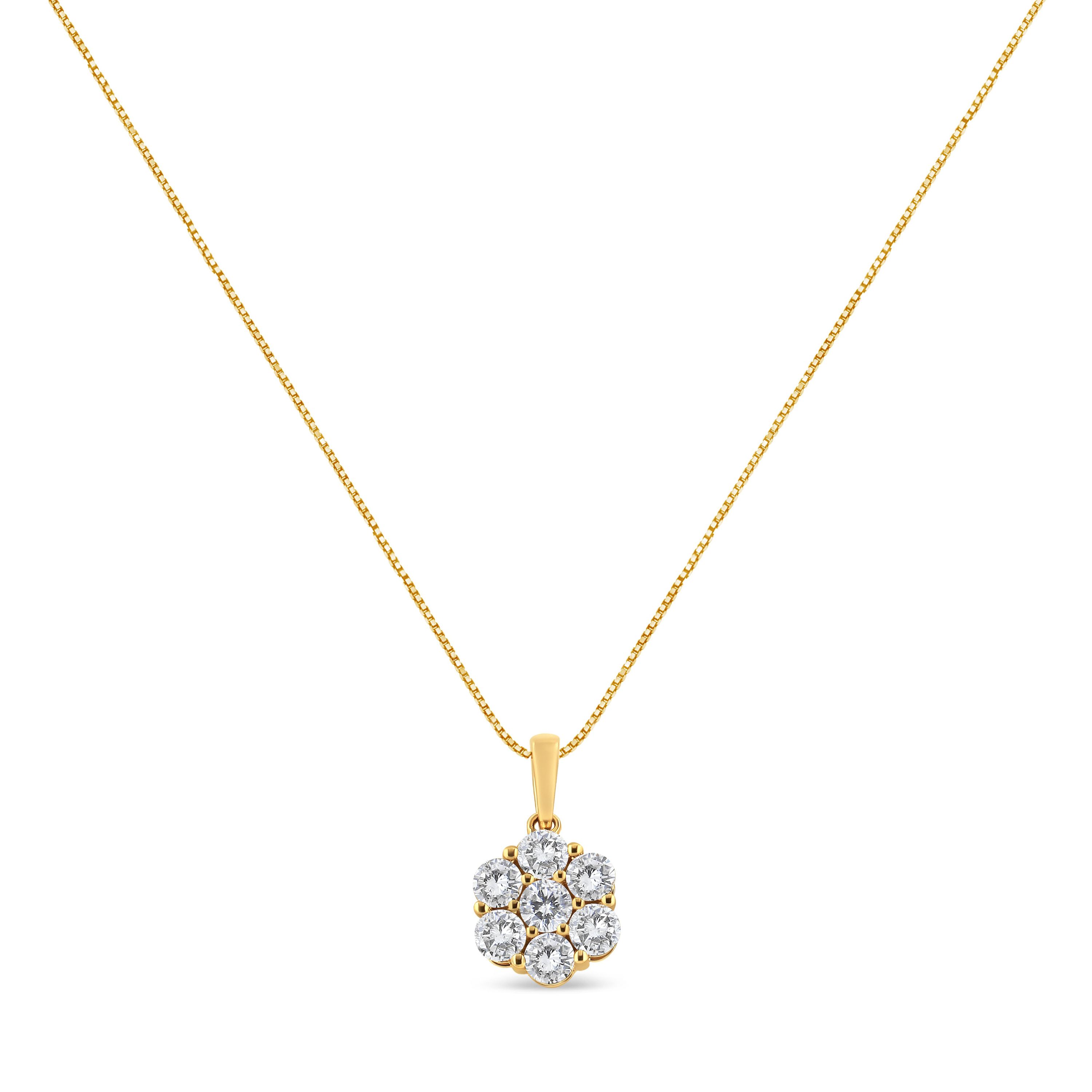 14K Yellow Gold 2.00 Cttw Brilliant Diamond 7 Stone Flower Cluster Pendant Necklace