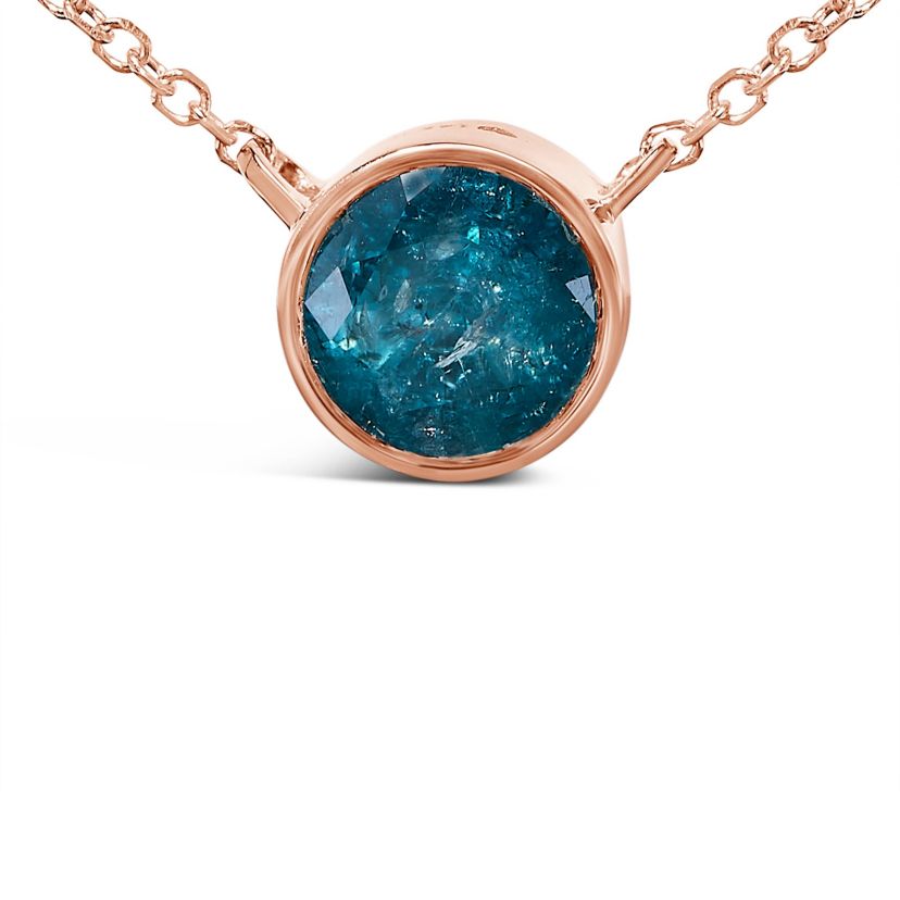 14K Rose Gold 2.0 Cttw Bezel Set Blue Diamond Solitaire Pendant Necklace