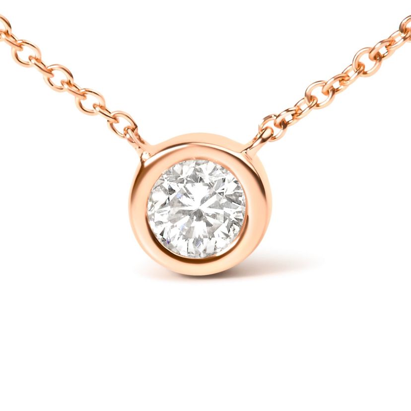 14K Rose Gold Plated Sterling Silver Bezel- Diamond Solitaire Pendant Necklace