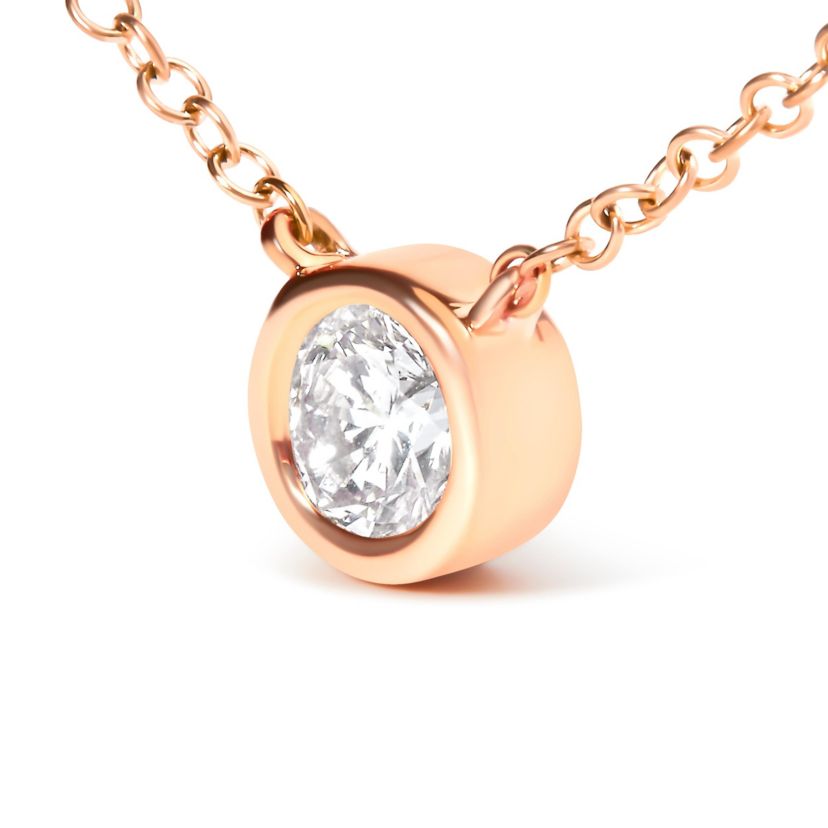 14K Rose Gold Plated Sterling Silver Bezel- Diamond Solitaire Pendant Necklace