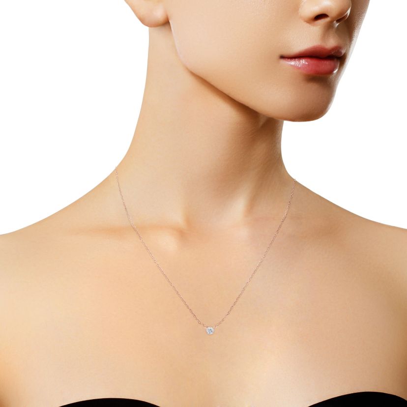 14K Rose Gold Plated Sterling Silver Bezel- Diamond Solitaire Pendant Necklace
