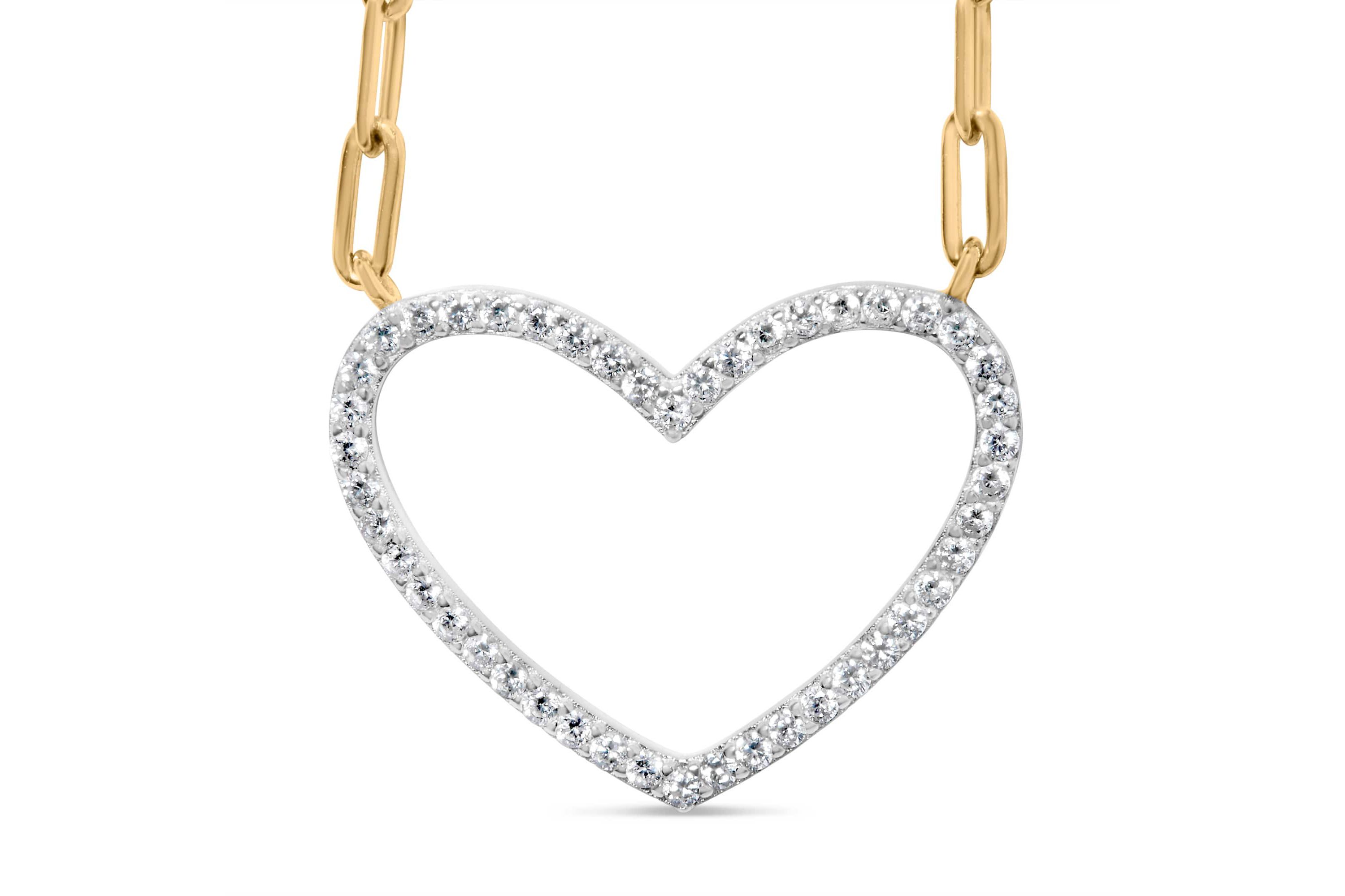 14K Yellow Gold Plated Silver 1/4 Cttw Diamond Heart with Paperclip Chain Necklace