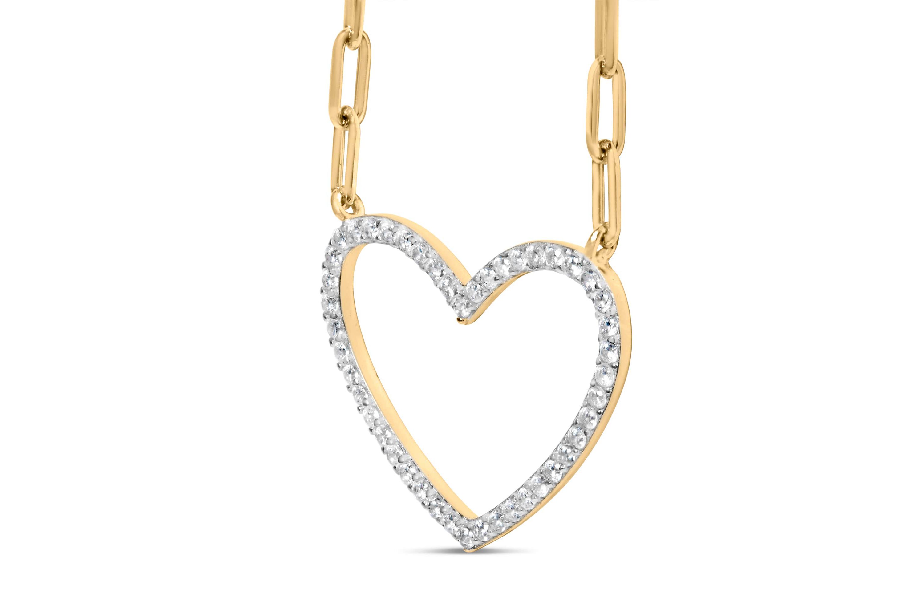 14K Yellow Gold Plated Silver 1/4 Cttw Diamond Heart with Paperclip Chain Necklace
