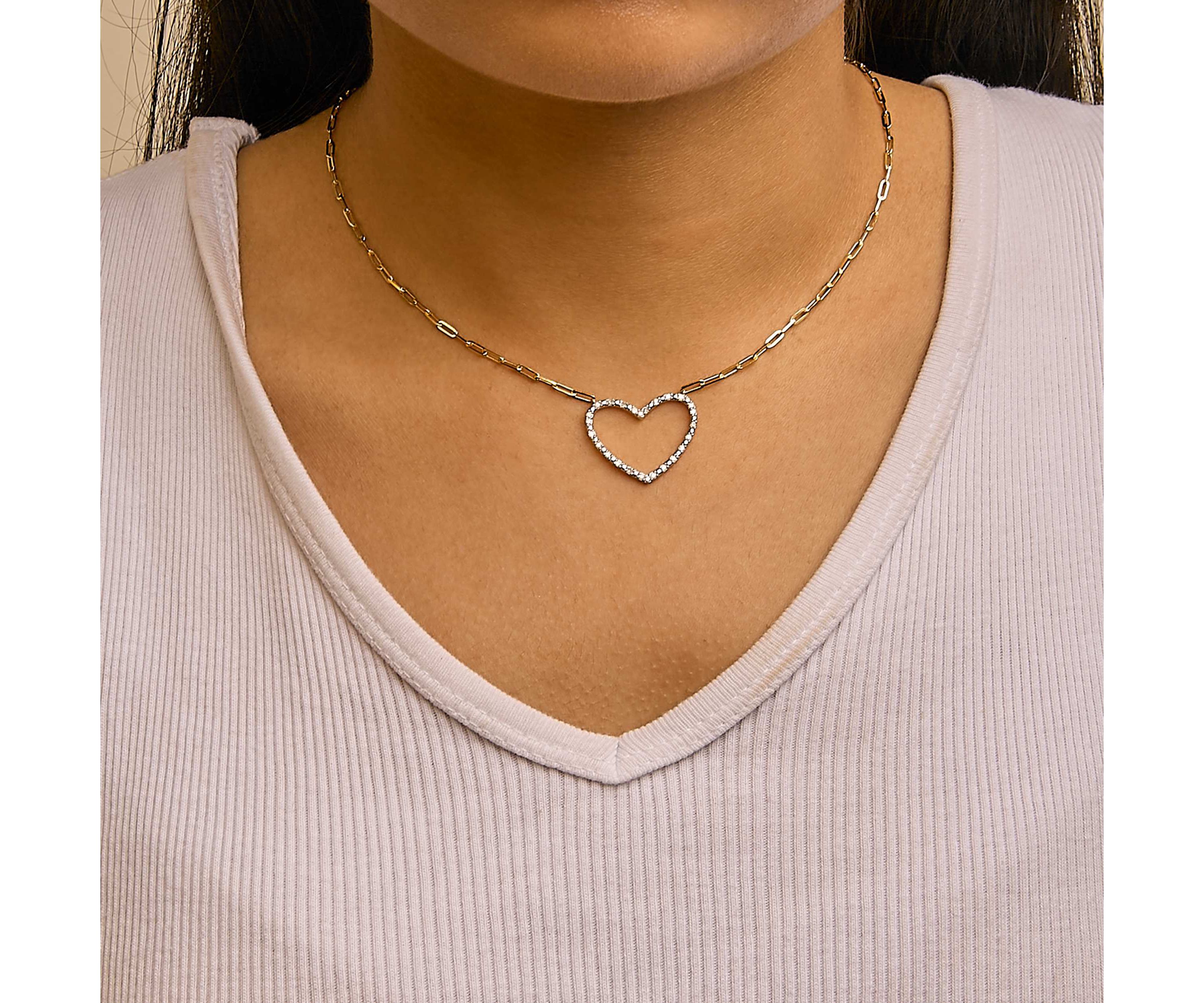 14K Yellow Gold Plated Silver 1/4 Cttw Diamond Heart with Paperclip Chain Necklace