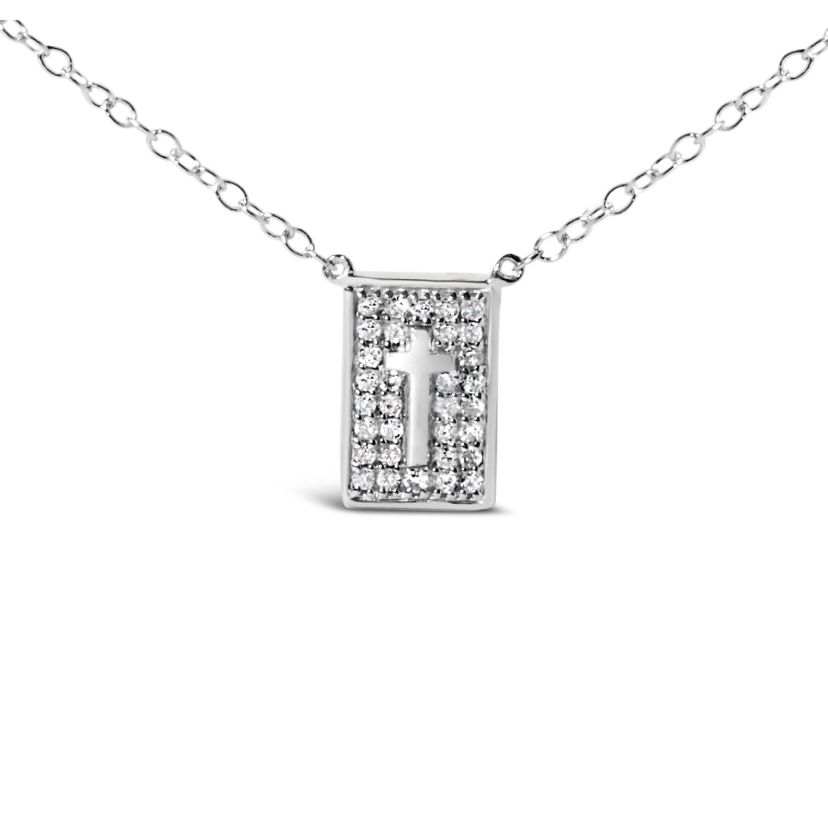 .925 Sterling Silver 1/10 Ctw Diamond Inlaid Cross Dog Tag Pendant Necklace - 18"