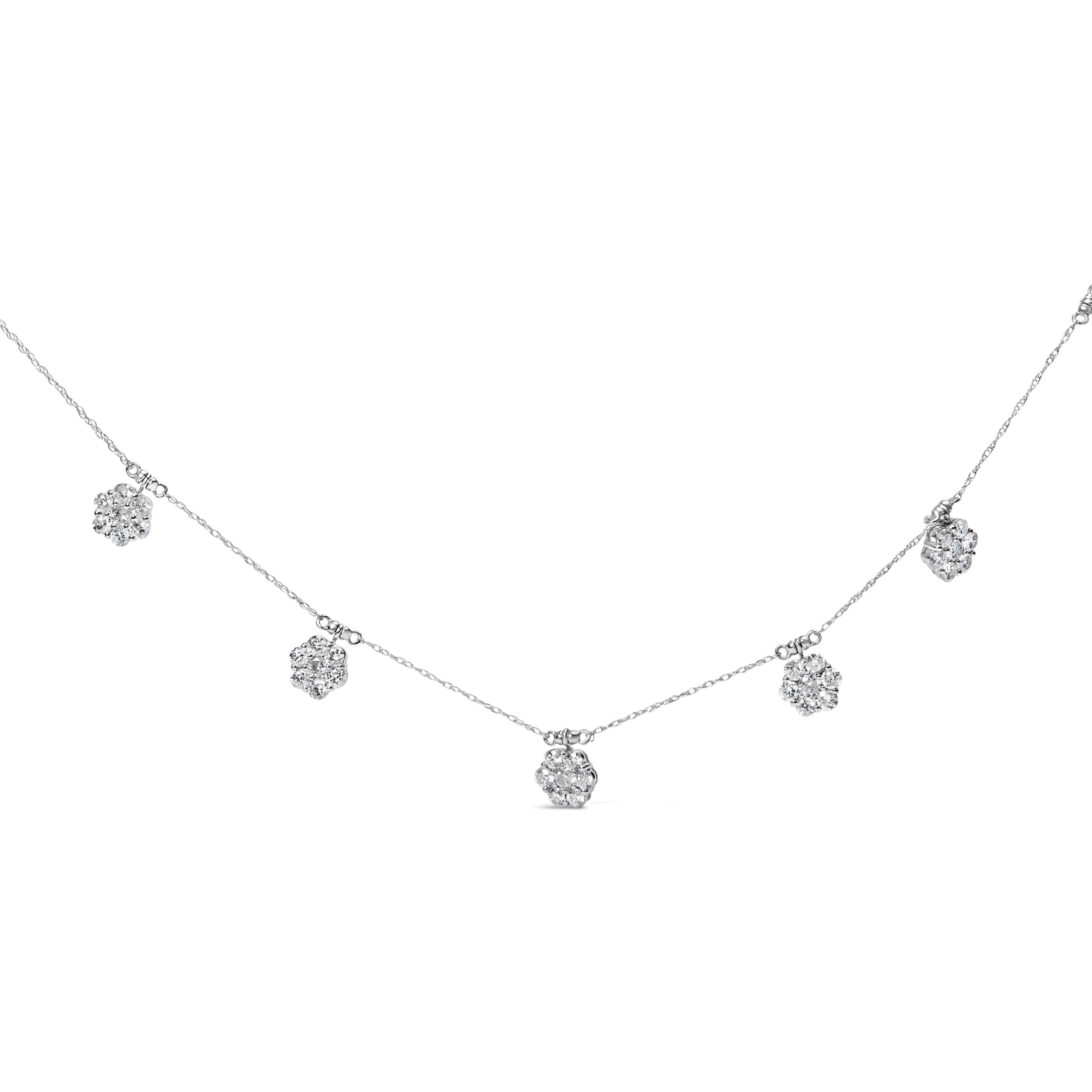 10K White Gold 3.0 Cttw Round-Cut Diamond 7 Stone Cluster Station Necklace - 18"