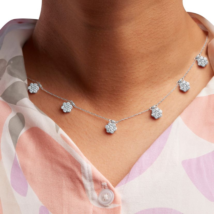 10K White Gold 3.0 Cttw Round-Cut Diamond 7 Stone Cluster Station Necklace - 18"