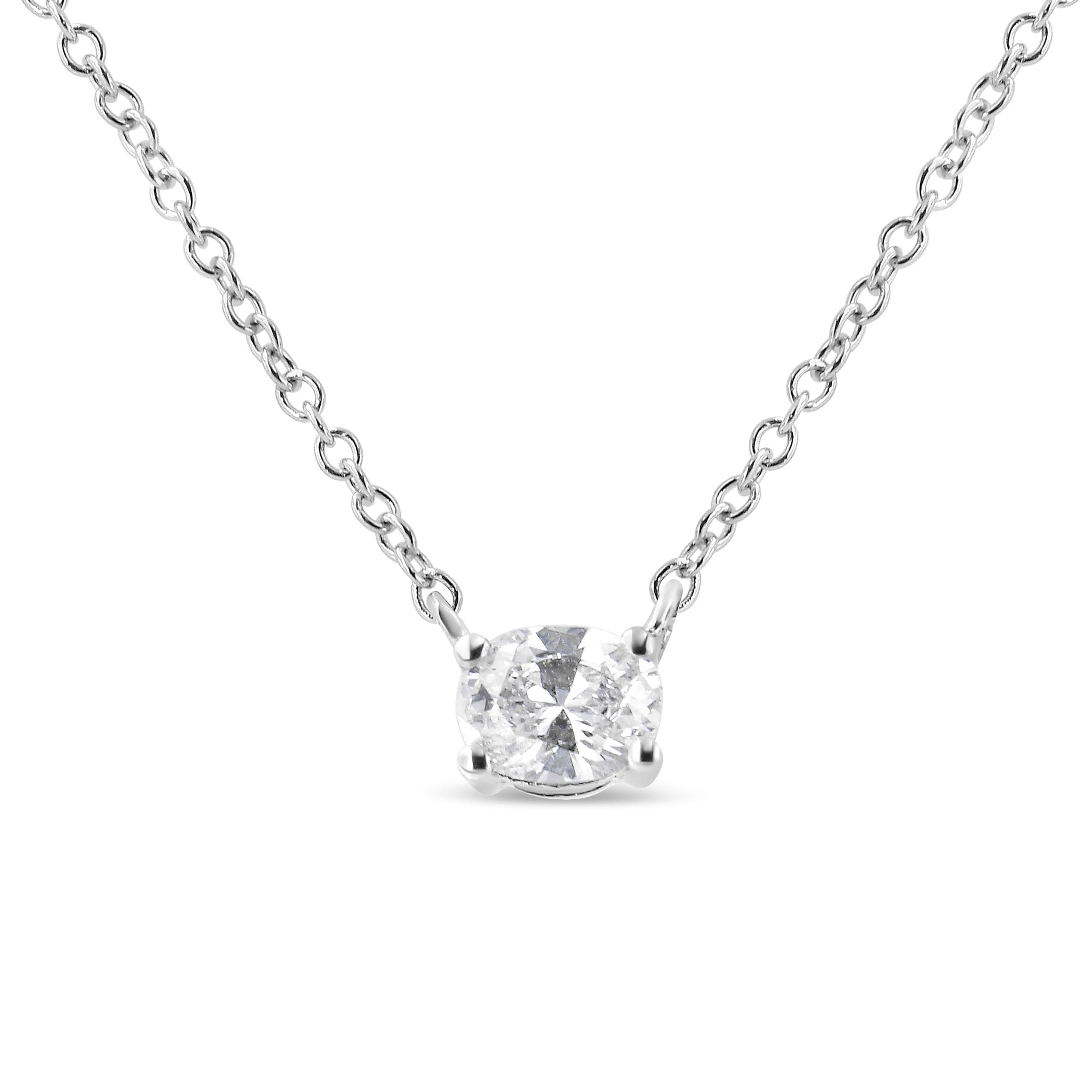 14K White Gold 1/5 Cttw Oval Shape Solitaire Diamond East West 18" Pendant Necklace