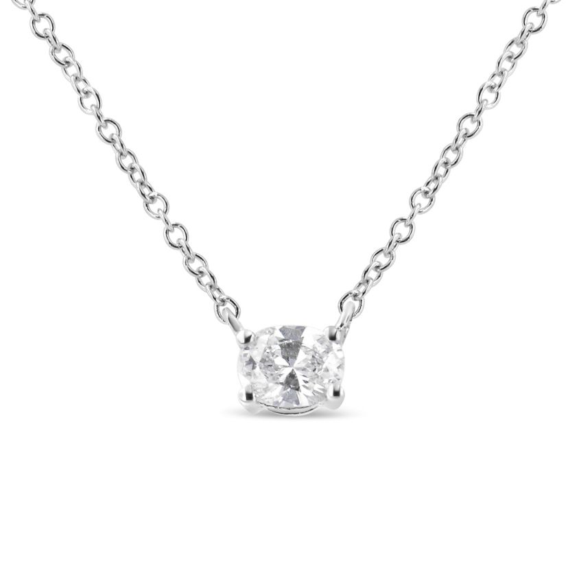 14K White Gold 1/5 Cttw Oval Shape Solitaire Diamond East West 18" Pendant Necklace