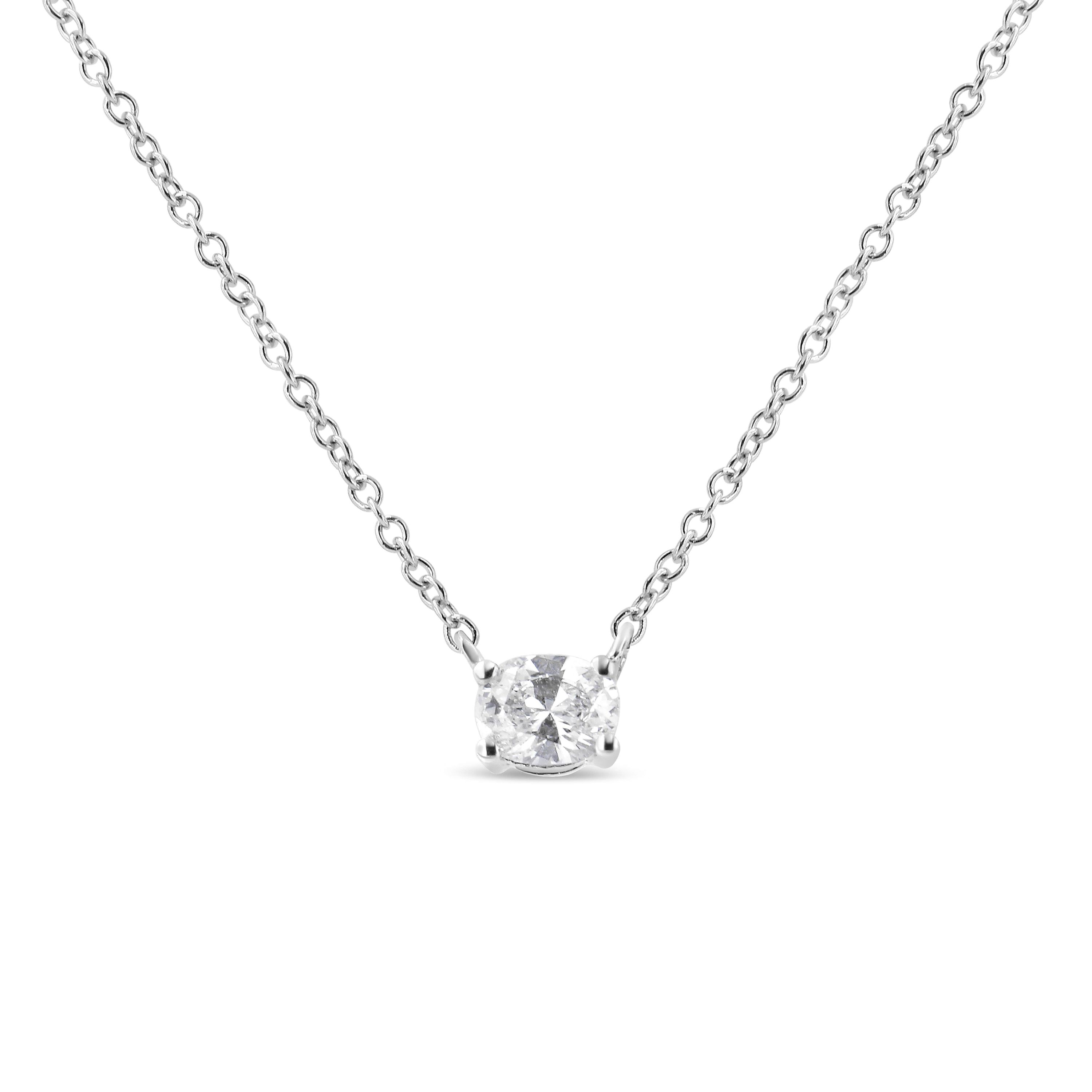 14K White Gold 1/5 Cttw Oval Shape Solitaire Diamond East West 18" Pendant Necklace
