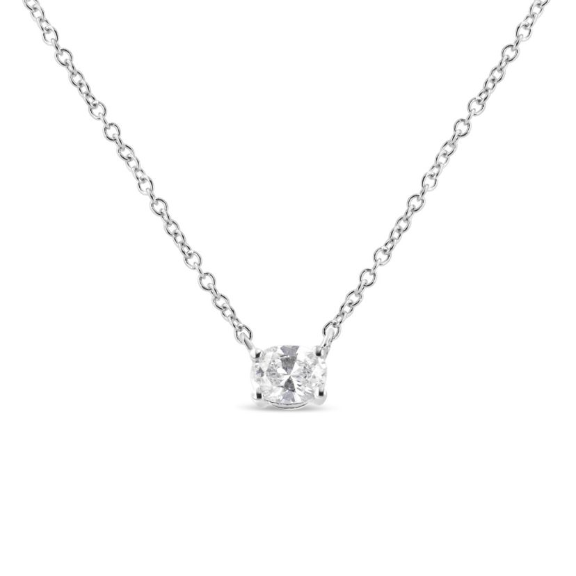 14K White Gold 1/5 Cttw Oval Shape Solitaire Diamond East West 18" Pendant Necklace