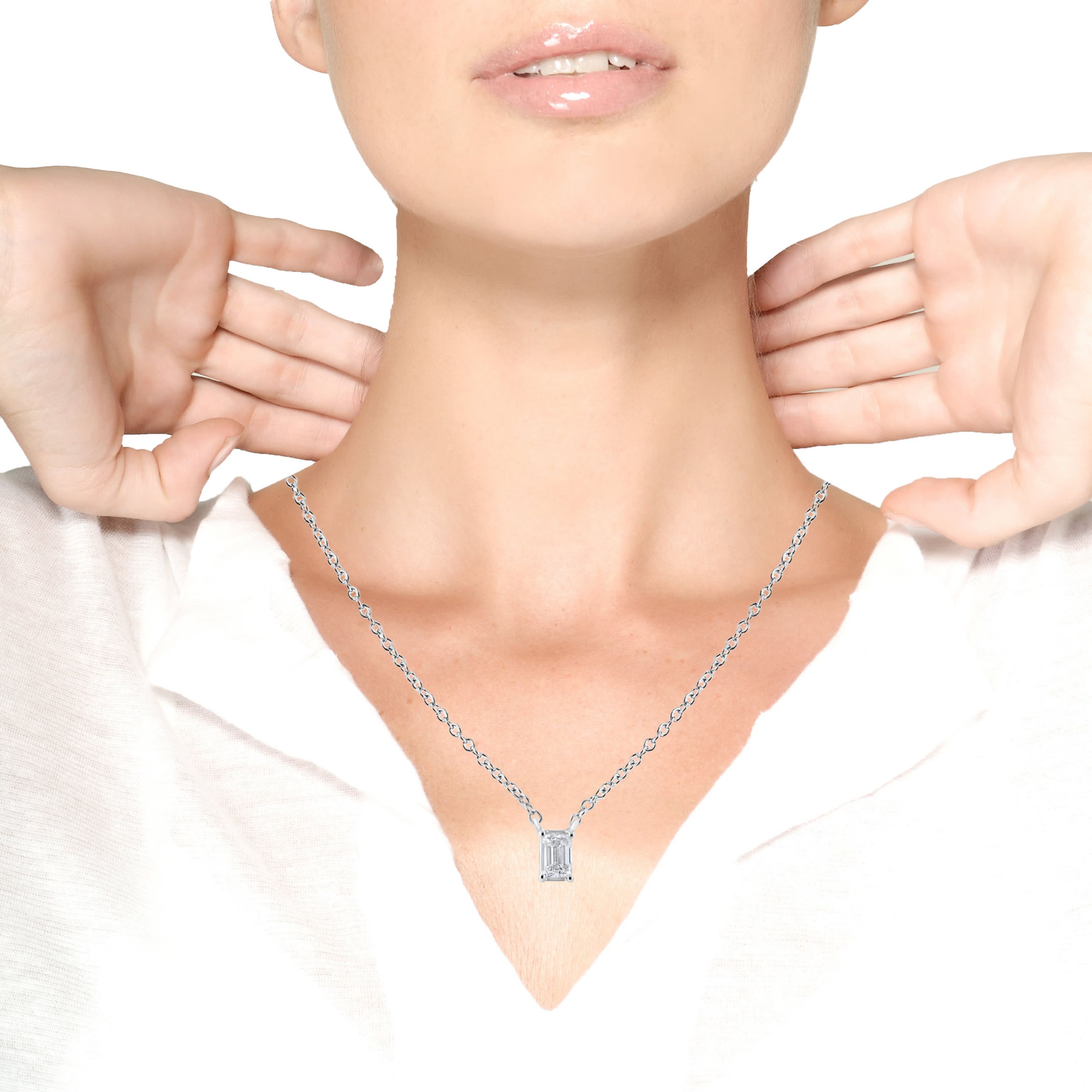 14K White Gold 1/3 Cttw Emerald Shape Solitaire Diamond 18" Pendant Necklace