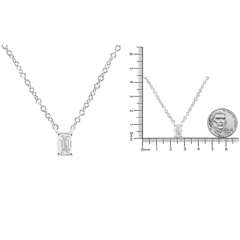 14K White Gold 1/3 Cttw Emerald Shape Solitaire Diamond 18" Pendant Necklace