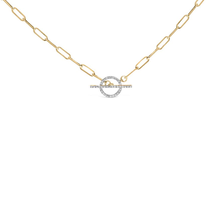 14KT Yellow Gold 1/4 Cttw Diamond Toggle Clasp Paperclip Link Necklace - 18" Inches