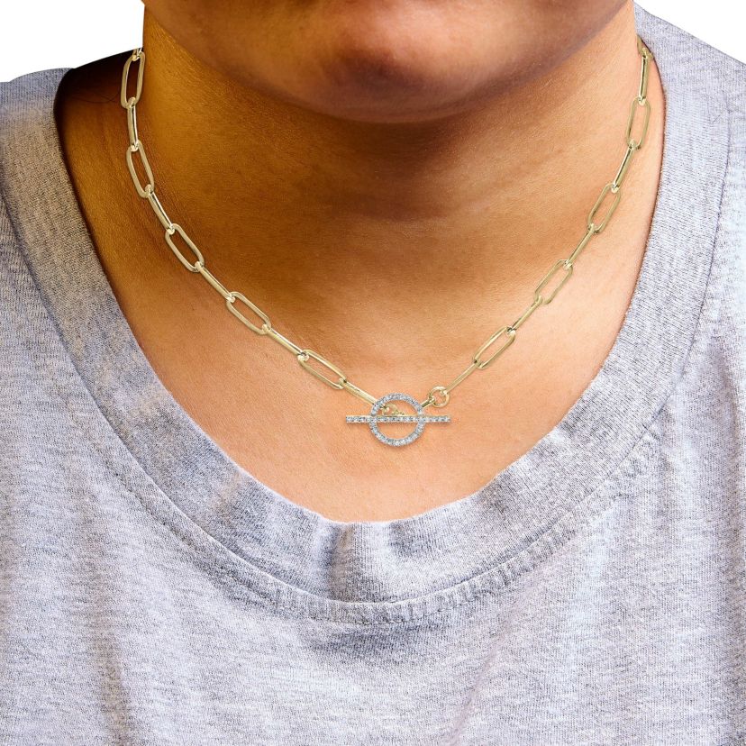 14KT Yellow Gold 1/4 Cttw Diamond Toggle Clasp Paperclip Link Necklace - 18" Inches