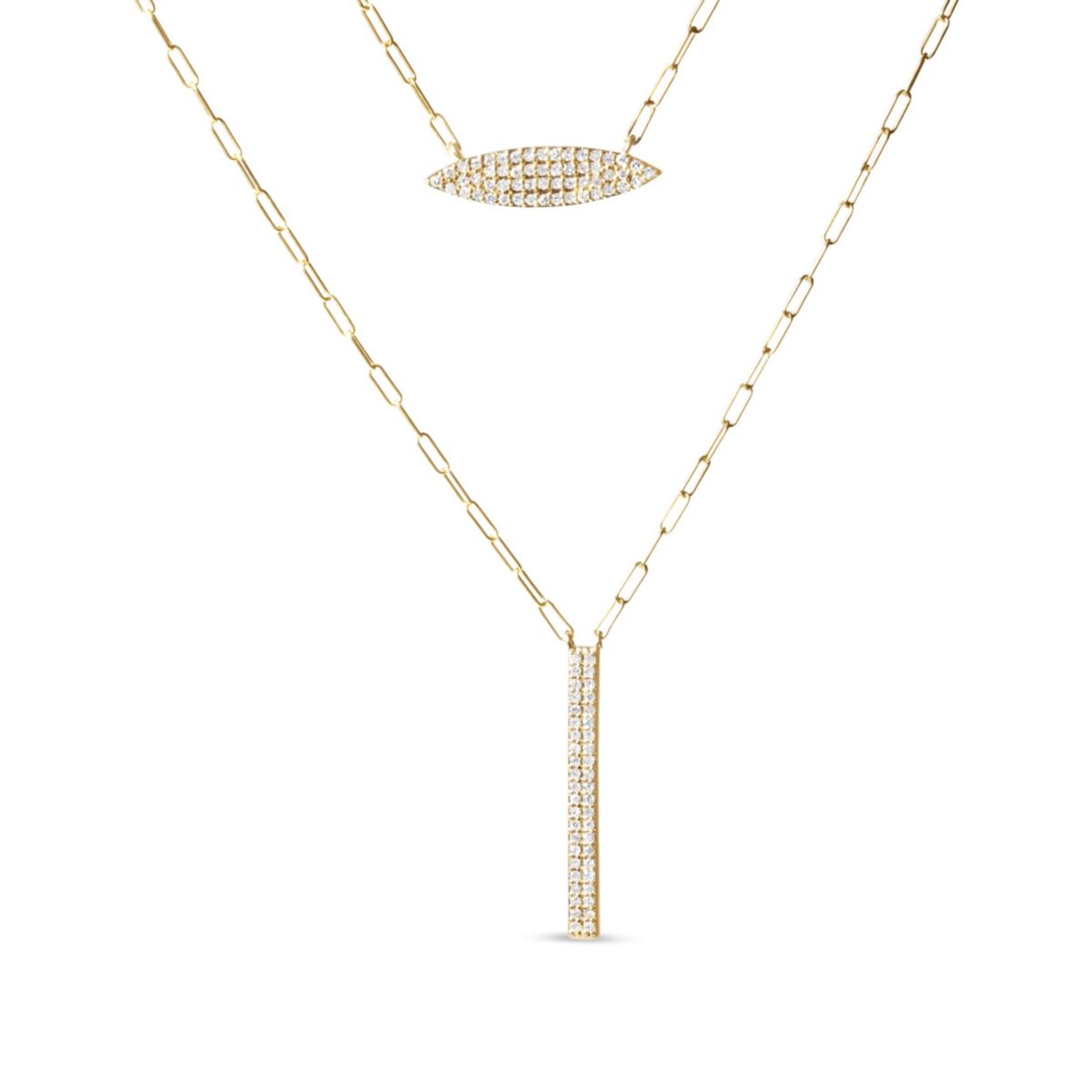 14K Yellow Gold 3/8 Cttw Two-Strand Marquise and Bar Charm Paper Clip Necklace