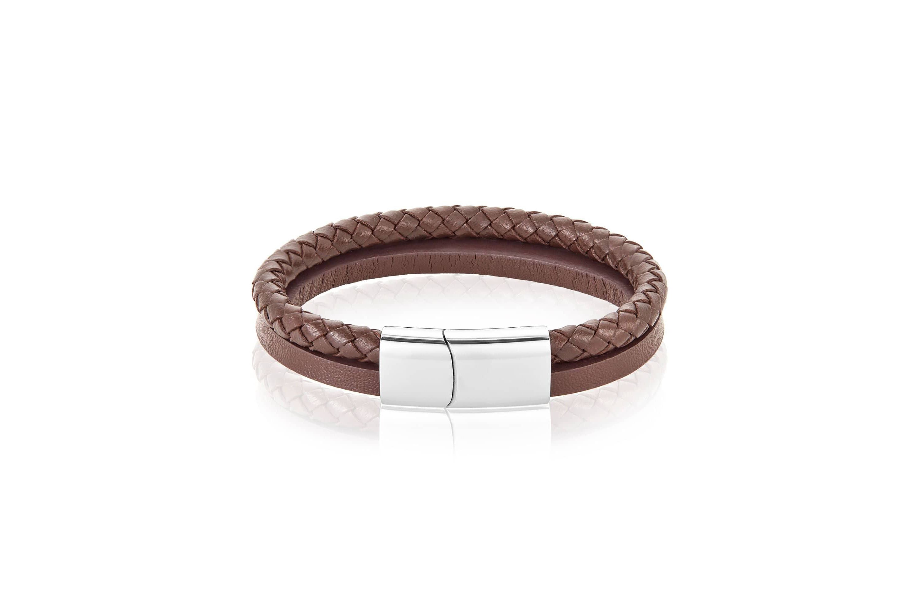 Mens Tarnish Resistant Rhodium Plated Magnetic Brown Leather Bracelet