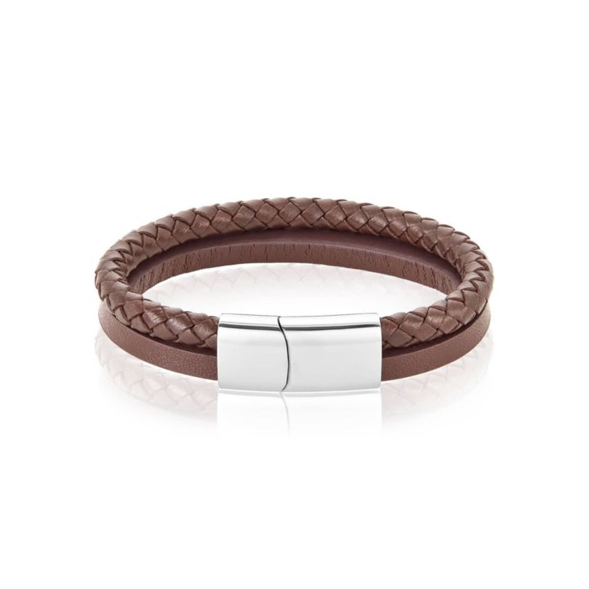 Mens Tarnish Resistant Rhodium Plated Magnetic Brown Leather Bracelet