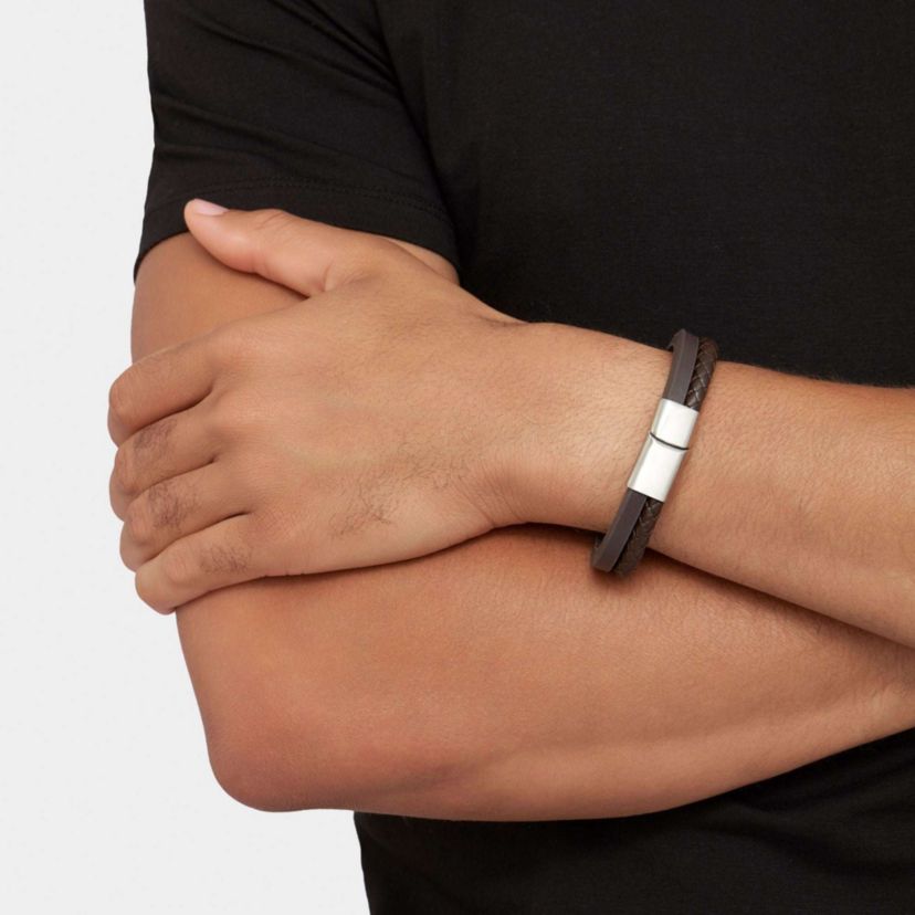 Mens Tarnish Resistant Rhodium Plated Magnetic Brown Leather Bracelet