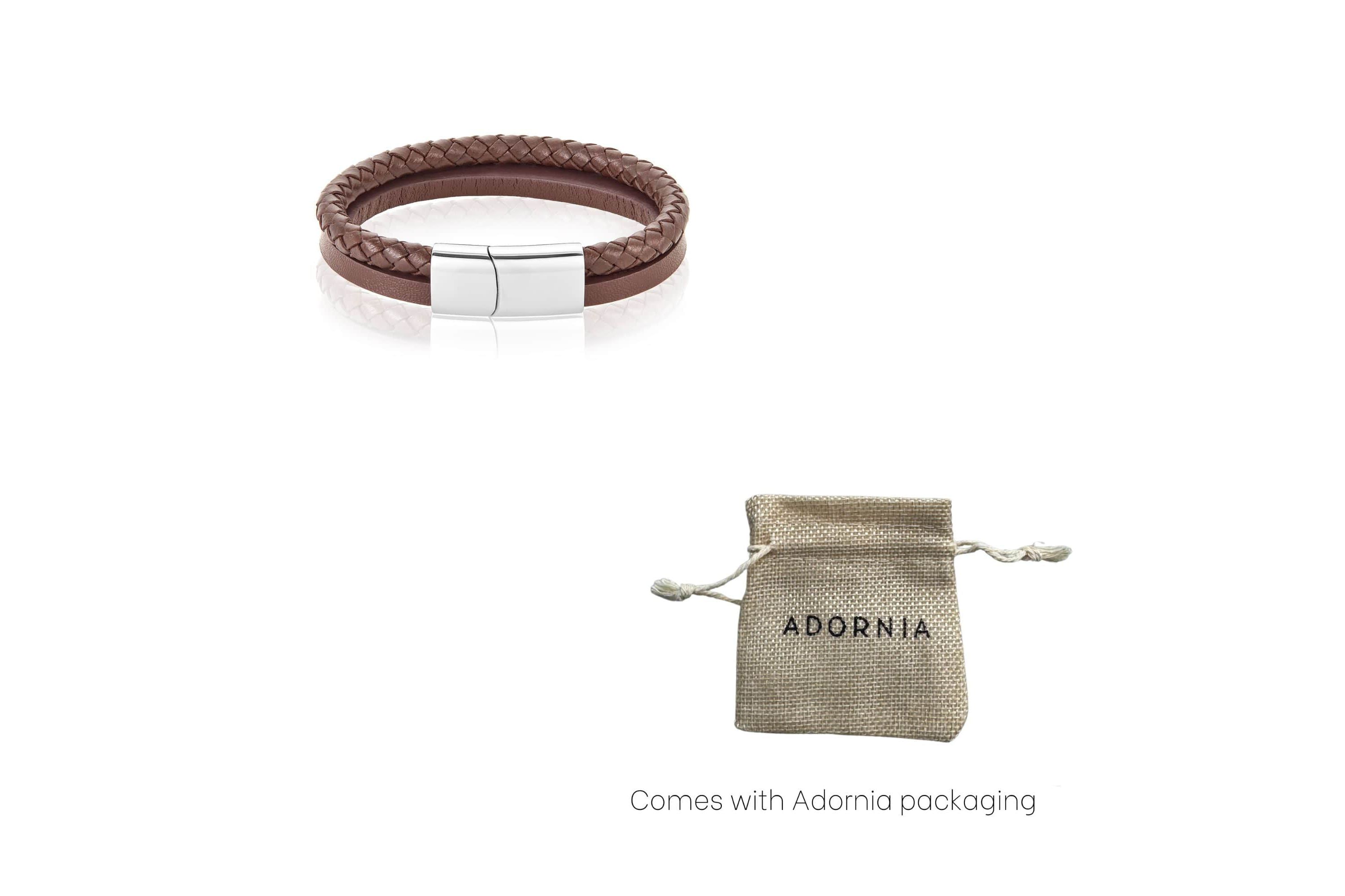 Mens Tarnish Resistant Rhodium Plated Magnetic Brown Leather Bracelet