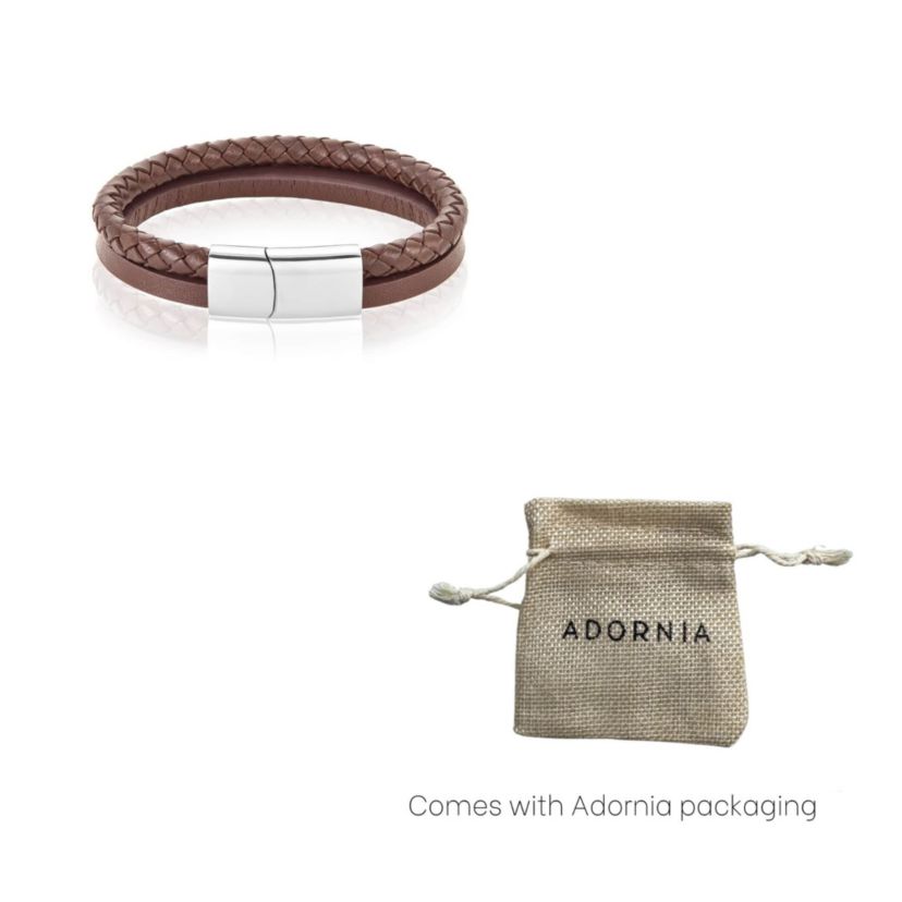 Mens Tarnish Resistant Rhodium Plated Magnetic Brown Leather Bracelet