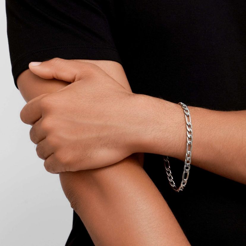 Mens Tarnish Resistant Rhodium Plated 9 7mm Figaro Chain Bracelet