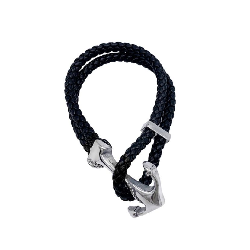 Mens Tarnish Resistant Rhodium Plated Leather and Anchor Hook Bracelet