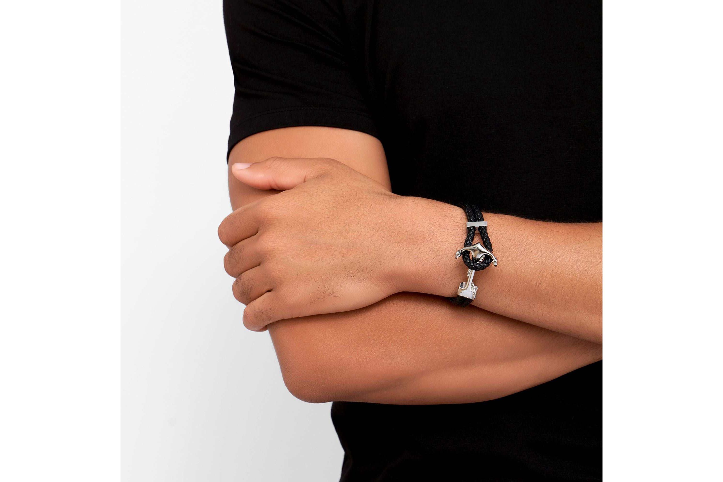 Mens Tarnish Resistant Rhodium Plated Leather and Anchor Hook Bracelet