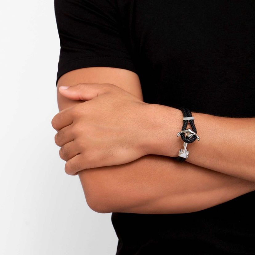 Mens Tarnish Resistant Rhodium Plated Leather and Anchor Hook Bracelet