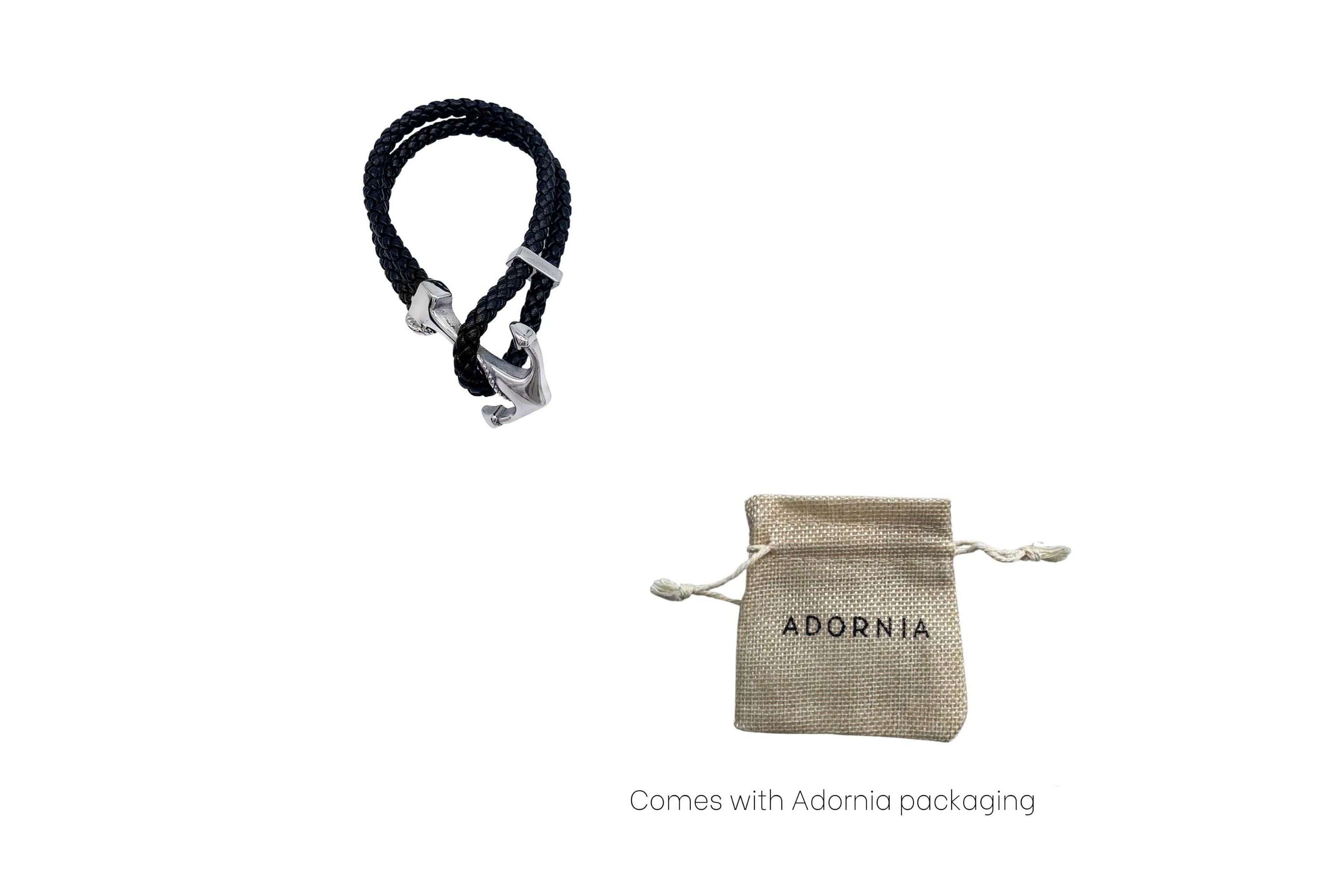 Mens Tarnish Resistant Rhodium Plated Leather and Anchor Hook Bracelet
